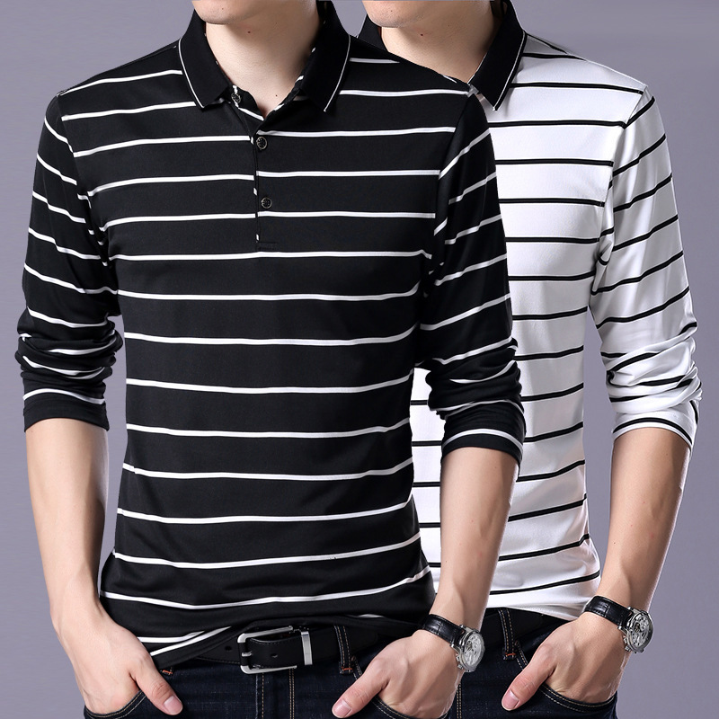 [En stock] de algodón de los hombres de manga larga de estilo coreano camiseta delgada de los hombres de la solapa de Polo a rayas camiseta de los hombres 8250