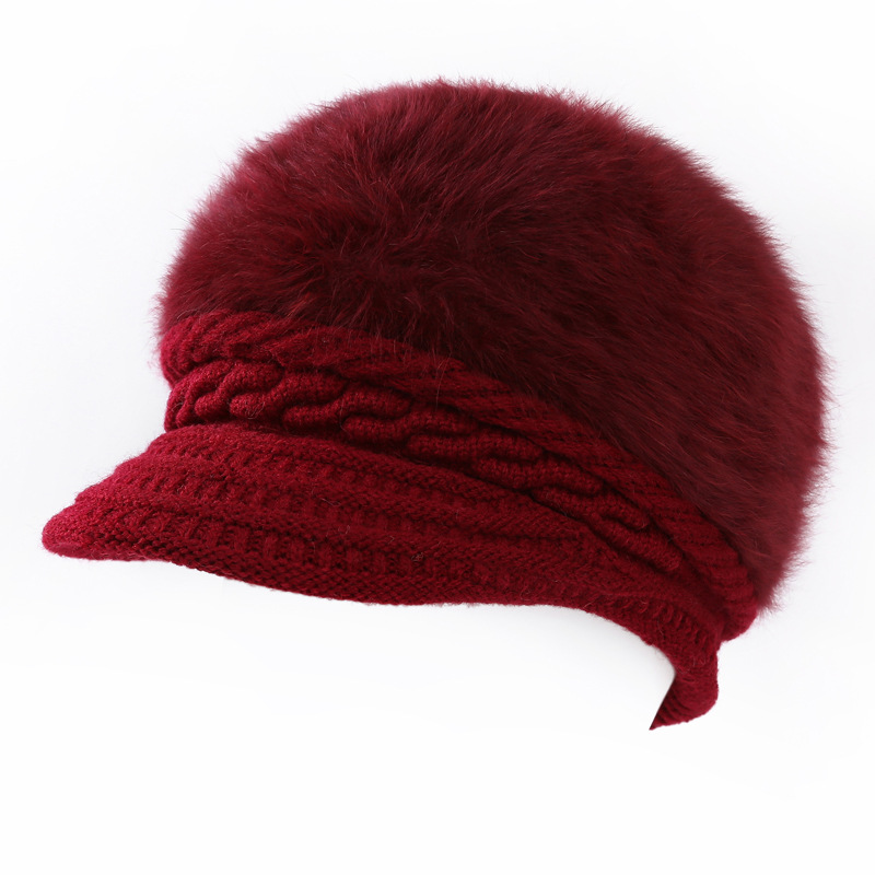 韩国秋冬波浪纹光板兔毛帽子女士鸭舌帽加厚保暖针织毛线帽子