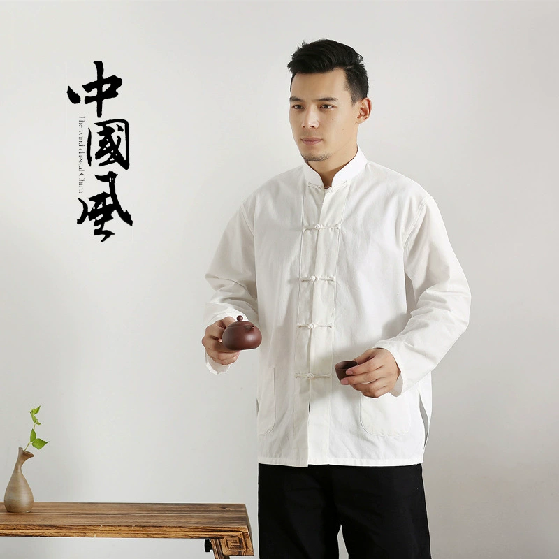 Костюм в стиле ретро Тан в китайском стиле, мужской топ с длинными рукавами и пряжкой, одежда из чистого хлопка, осенняя китайская базовая одежда ханьфу для среднего и пожилого возраста
