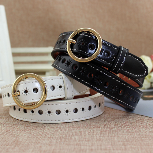 Women's Korean style belt with hollow gold round buckle decoration fashion belt women's casual jeans belt trendy one-piece drop shipping