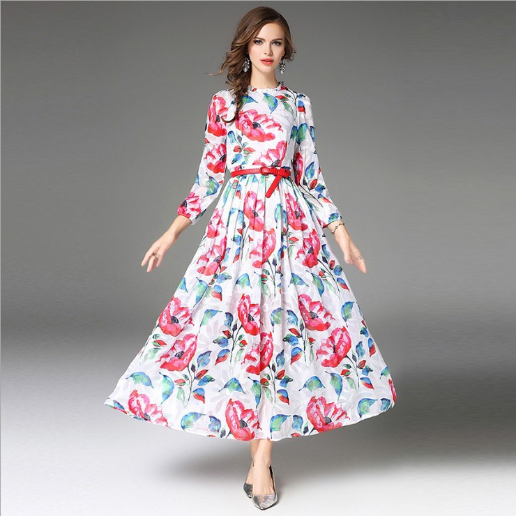 深圳欧洲站女装礼服长裙长袖木耳边领压褶印花欧根纱连衣裙