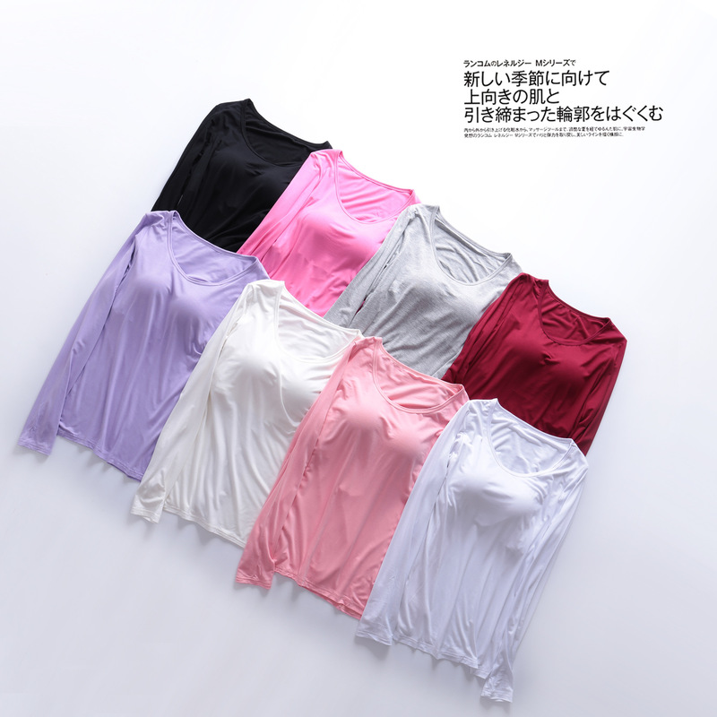 Autumn and Winter Modal Long-Sleeved T-Shirt with Chest Pad Bra-T Bra-Free Cup All-In-One Yoga Intimates Pajamas Bottoming Shirt