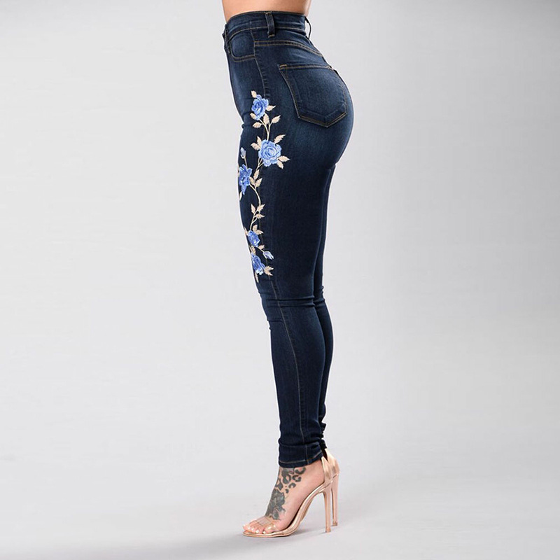 Jeans de Cintura Alta Elásticos y Bordados de Corte Ajustado para Mujer, Transfronterizos, de Amazon, WISH y AliExpress