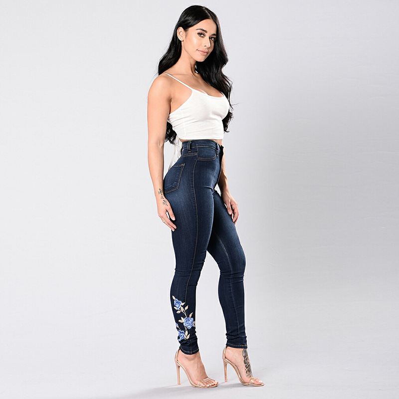 Jeans de Cintura Alta Elásticos y Bordados de Corte Ajustado para Mujer, Transfronterizos, de Amazon, WISH y AliExpress