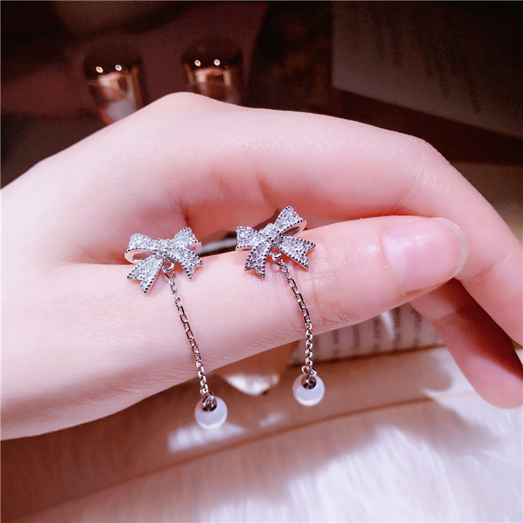Earrings pearl with bow, accessory, silver 925 sample, micro incrustation, diamond encrusted