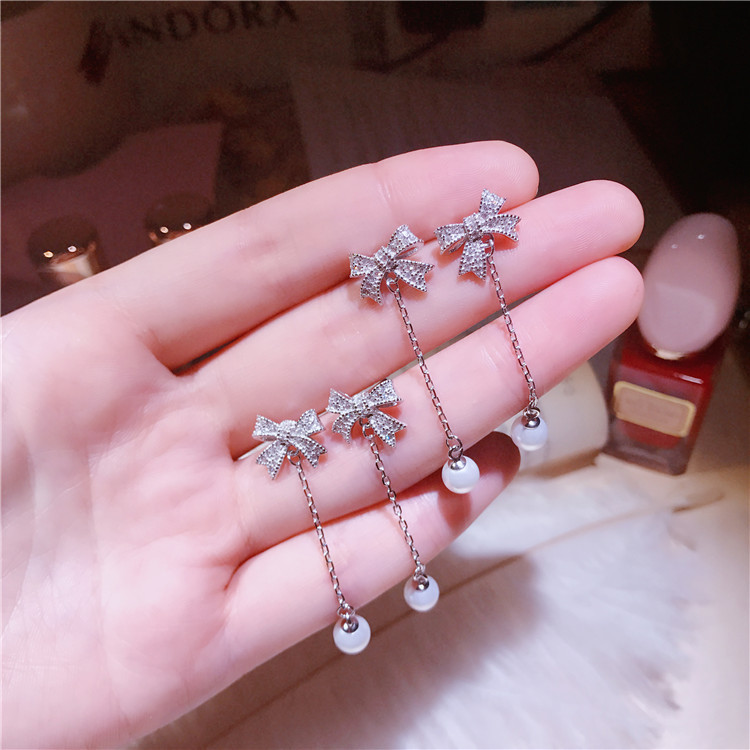Earrings pearl with bow, accessory, silver 925 sample, micro incrustation, diamond encrusted