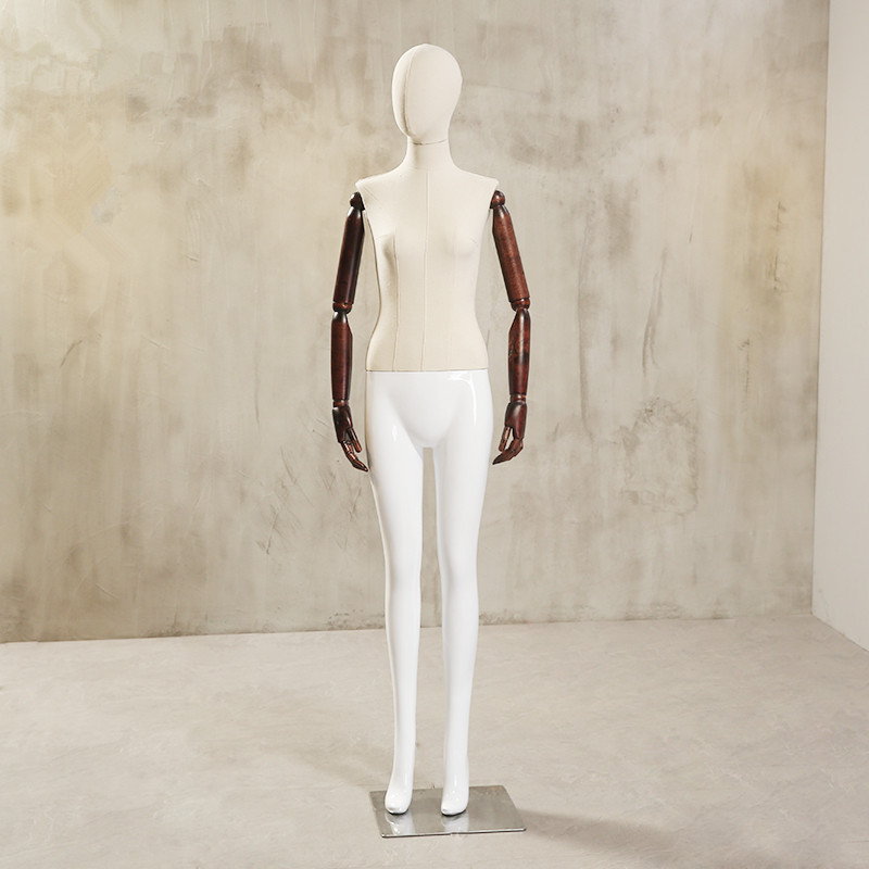 Maniquí femenino de medio cuerpo con manos de madera y cabeza de lino para exhibición de ropa, vestidos de novia y simulación.