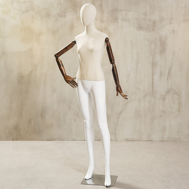 Maniquí femenino de medio cuerpo con manos de madera y cabeza de lino para exhibición de ropa, vestidos de novia y simulación.