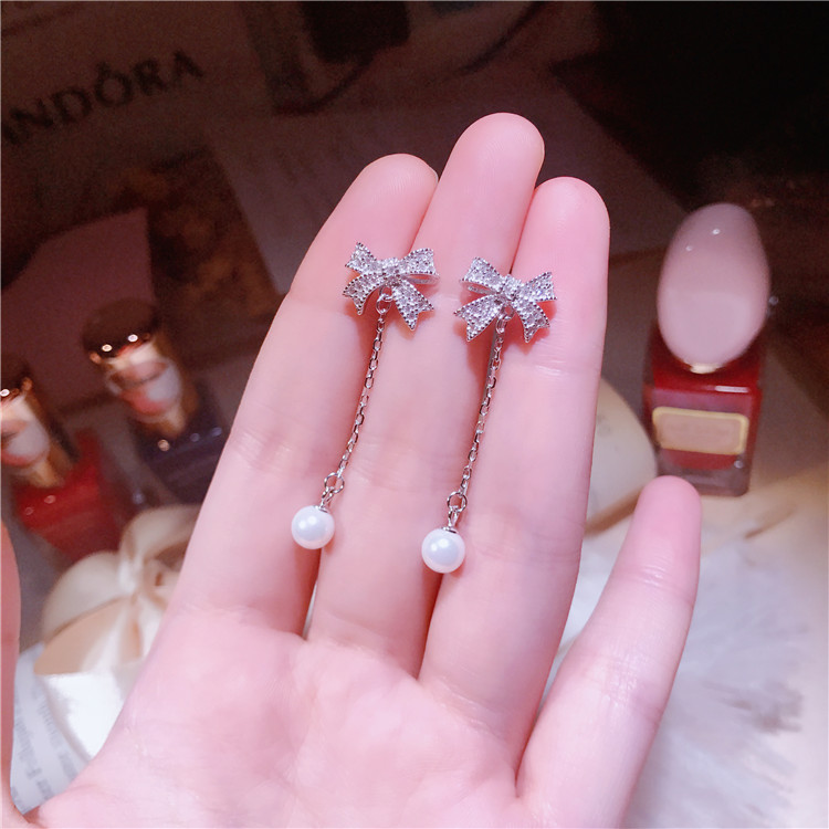Earrings pearl with bow, accessory, silver 925 sample, micro incrustation, diamond encrusted