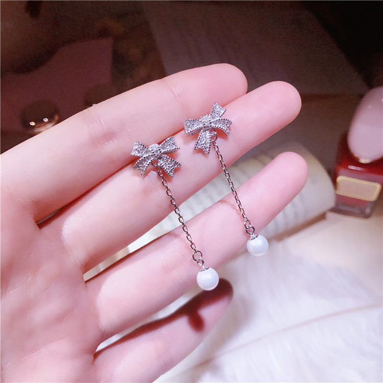 Earrings pearl with bow, accessory, silver 925 sample, micro incrustation, diamond encrusted