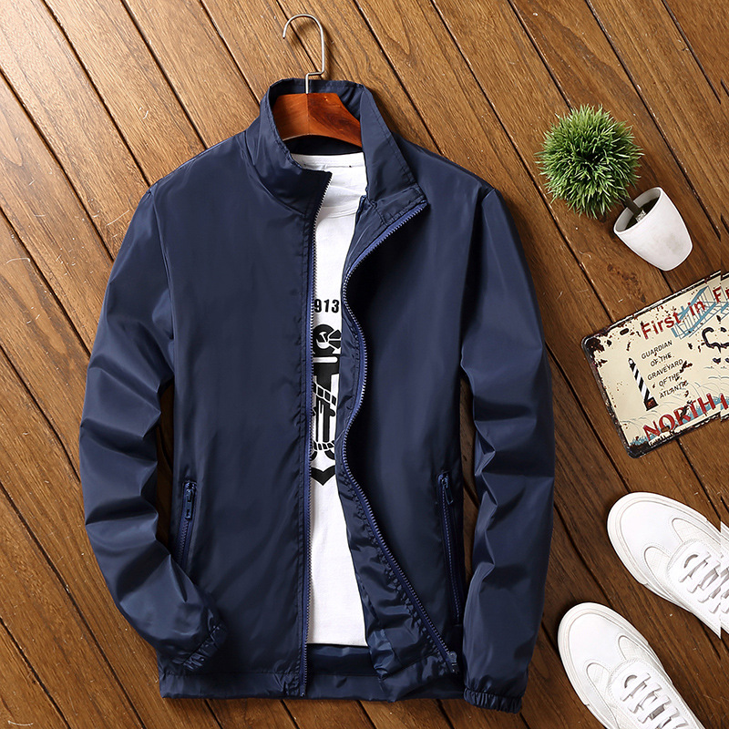 Men Stand Collar Jacket Navy Blue Plus Size Spring Autumn