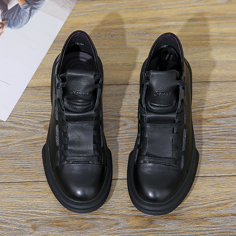 Chaussures décontractées en cuir véritable à coupe mi-haute avec couche de cuir de vache, nouvelle tendance britannique en peluche d'hiver pour hommes à gros orteil_voghion.com