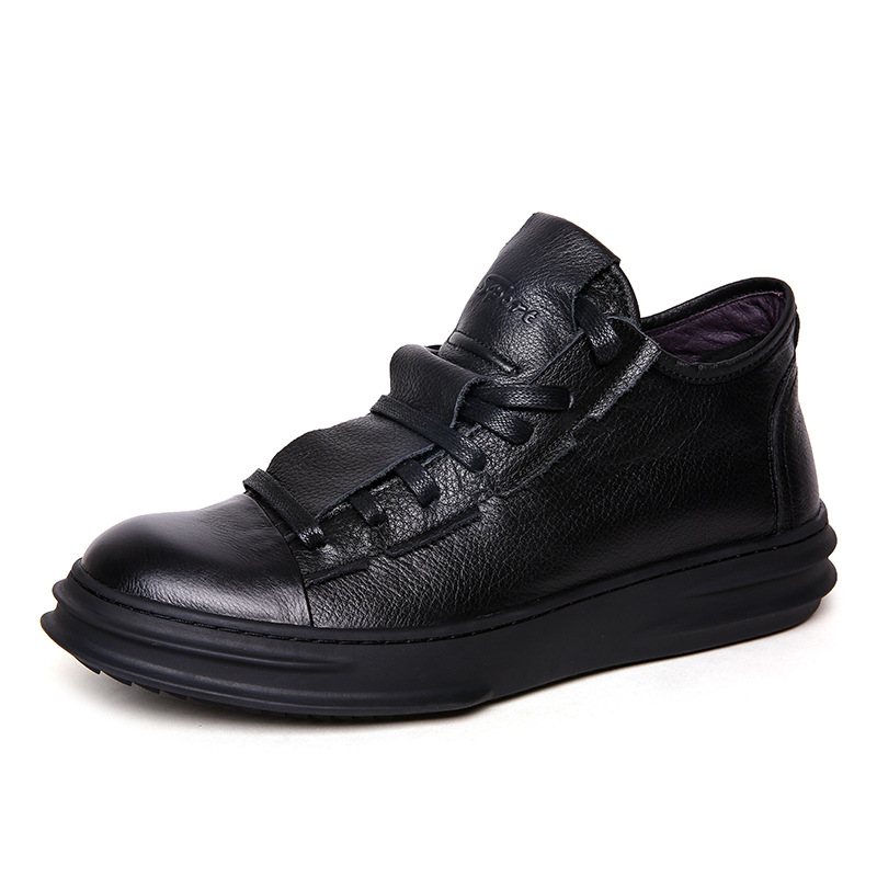 Chaussures décontractées en cuir véritable à coupe mi-haute avec couche de cuir de vache, nouvelle tendance britannique en peluche d'hiver pour hommes à gros orteil_voghion.com