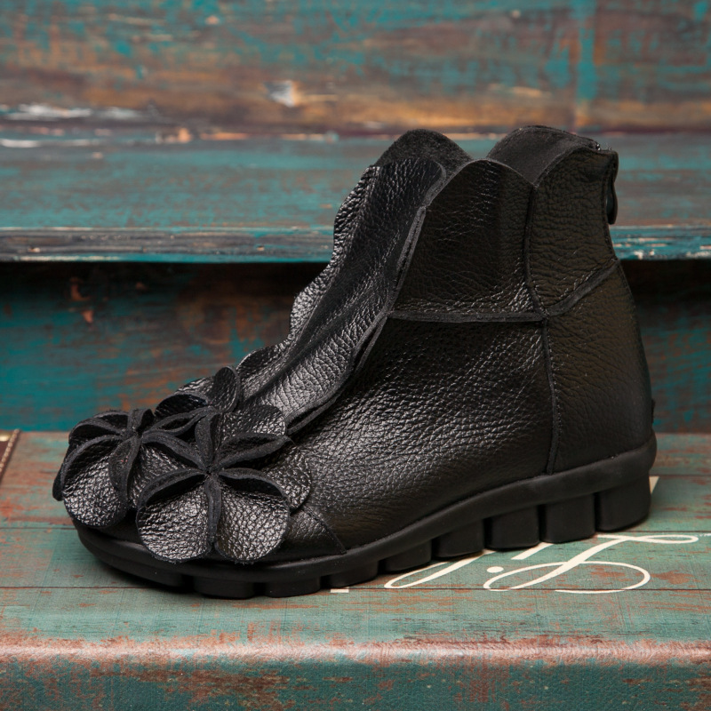 Autumn and Winter New Style Thick-Soled Chunky Heel Retro Boots, Martin Style Back-Zip Short Boots for Women, Genuine Leather Handmade Shoes, One-Piece Wholesale Short Boots
