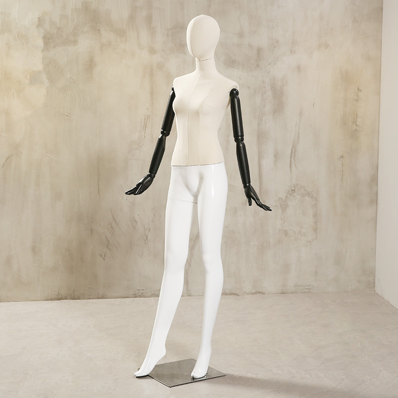 Maniquí femenino de medio cuerpo con manos de madera y cabeza de lino para exhibición de ropa, vestidos de novia y simulación.