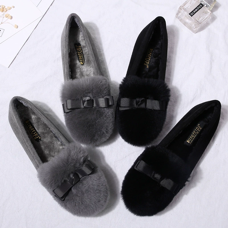 Обувь Мао Женская на флисовой подкладке 2023 осень-зима Новые туфли с мелким ртом на флисовой подкладке хлопковые туфли на плоской подошве Joker больших размеров 41-43