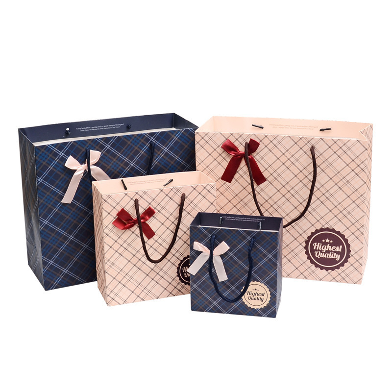 Beige Plaid Handheld Gift Bag Advanced Sense Handbag Clothes Paper Bag Gift Bag