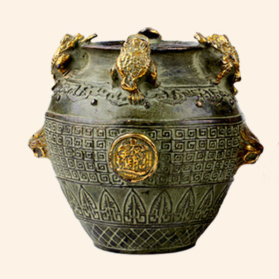 黄铜仿古四方纳财聚宝盆摆件  金蟾坛子家居黄铜装饰品