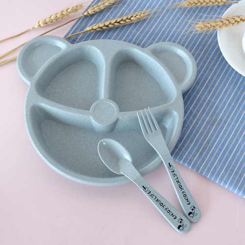 Wheat straw cartoon children's compartmented dinner plate for eating kindergarten students' tableware set 3-piece factory wholesale