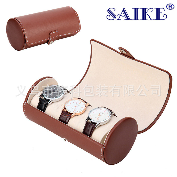 现货批发PU皮革3位圆筒手表盒3只装手表盒PU手表盒厂家批发