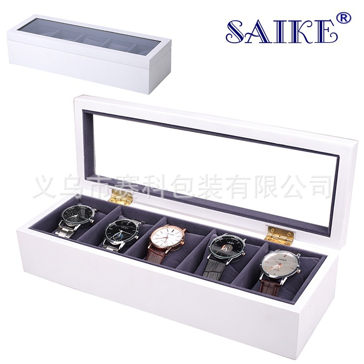现货批发5位白色哑光烤漆手表收纳展示盒实木手表盒内小枕头