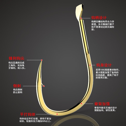 Scattered hook, crooked mouth, golden hook with barbs, sea fishing hook for grass carp, carp, crucian carp, black pit competitive fishing hook