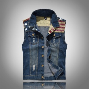 Foreign trade Korean style slim fit plus size men's Denim vest men's motorcycle vest waistcoat flag casual vest