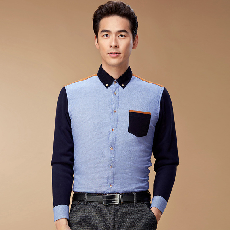 戈德堡冬款男长袖加绒加厚保暖衬衫 中青年商务撞色拼接保暖衬衣