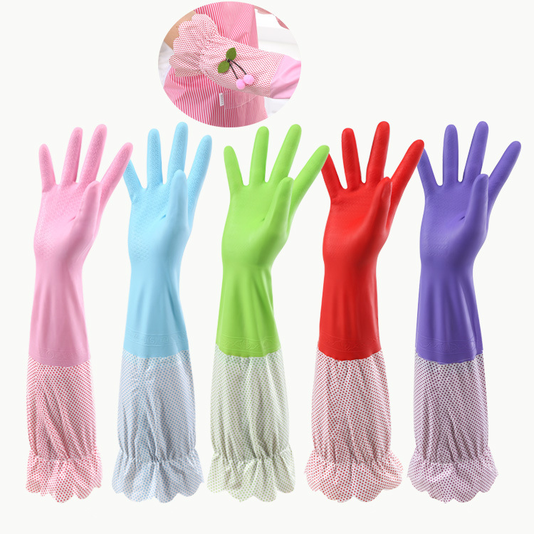 Gants de cuisine en caoutchouc résistants, doublés polaire élastique à volants et à motif grain de raisin, pour le nettoyage de la cuisine et la vaisselle._voghion.com