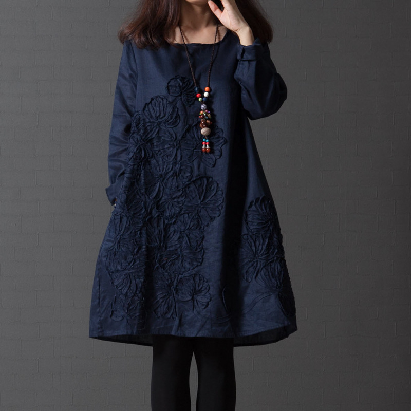 Spring and Autumn New Fat Girl Slimming Large Size Women's Ethnic Style Solid Color Loose Embroidered Long Sleeve Cotton and Linen A- Line Dress