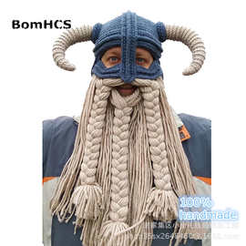 BomHCS超大胡子维京人面罩帽子头盔帽纯手工针织跨境速卖通亚马逊