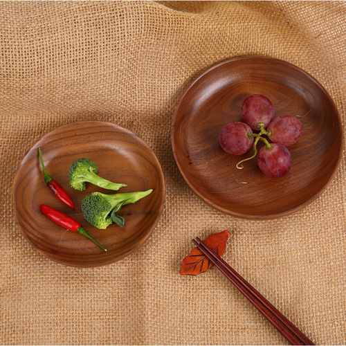 Japanese black walnut wood made tableware dessert plate wholesale solid wood fruit plate round creative dinner plate wooden dish boneless dish