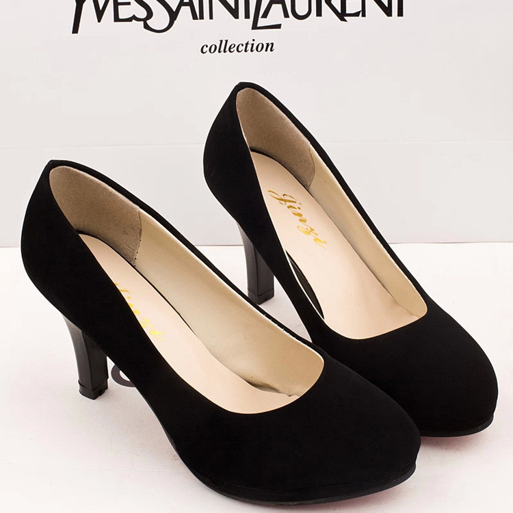 Spring and Autum Large Size High Heels Women's Professional Black Leather Shoes Round Toe Work Shoes Work Shoes Work Interview Shoes Women's Shoes
