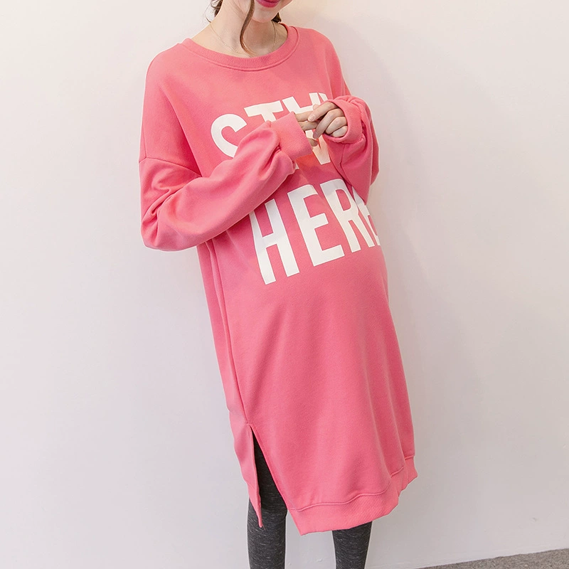 [Распродажа без возврата без изменений] Корейское свободное платье-толстовка с длинным рукавом для беременных женщин, Топ больших размеров