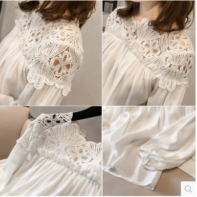 Women's Long Sleeve Chiffon Blouse Spring Fashion Crochet Hollow out Lace Patchwork Top Elegant Casual Style_voghion.com