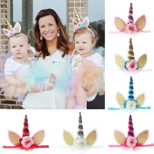 欧美爆款儿童发带party独角兽头带 宝宝金色角动物花朵发带发箍