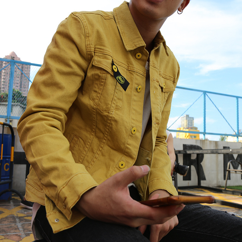 Spring and Autumn New Korean Style White Stretch Denim Jacket Men's Slim Fit Long Sleeve Yellow Denim Coat Men's Denim Jacket Spring and Autumn New Korean Style White Stretch Denim Jacket Men's Slim Fit Long Sleeve Yellow Denim Coat Men's Denim Jacket