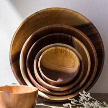 厂家直供相思木碗平底圆形沙拉碗整木家用木碗复古酒店水果碗盘