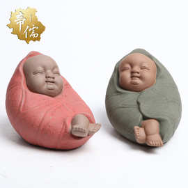 厂家直销彩砂陶瓷含苞待放茶宠精品紫砂家居茶道工艺品袈裟小男孩