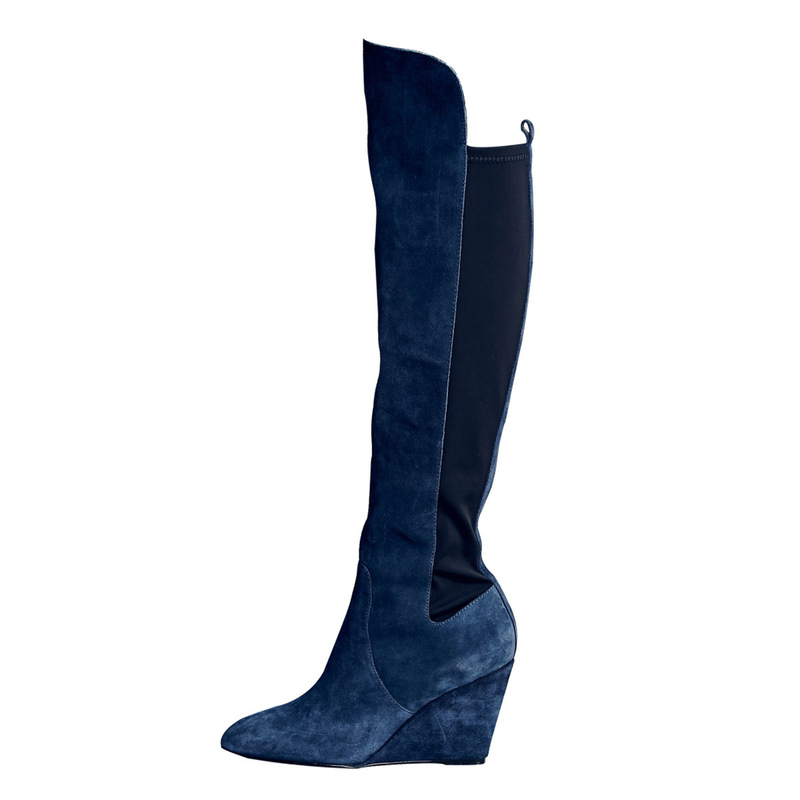 European and American ladies blue suede round head high heel knee-high boots foreign trade large size slope heel boots factory direct supply