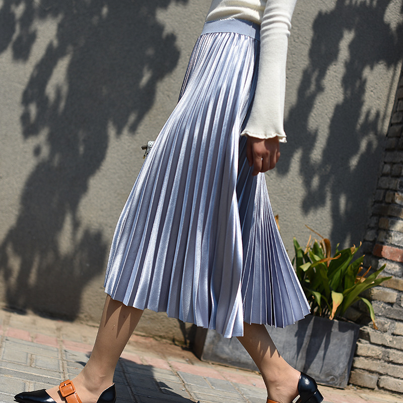 Spring and Summer New Korean Style Metallic Satin Pleated Skirt A-Line Hong Kong Chic High-Waisted Mid-Length Skirt Spring and Summer New Korean Style Metallic Satin Pleated Skirt A-Line Hong Kong Chic High-Waisted Mid-Length Skirt