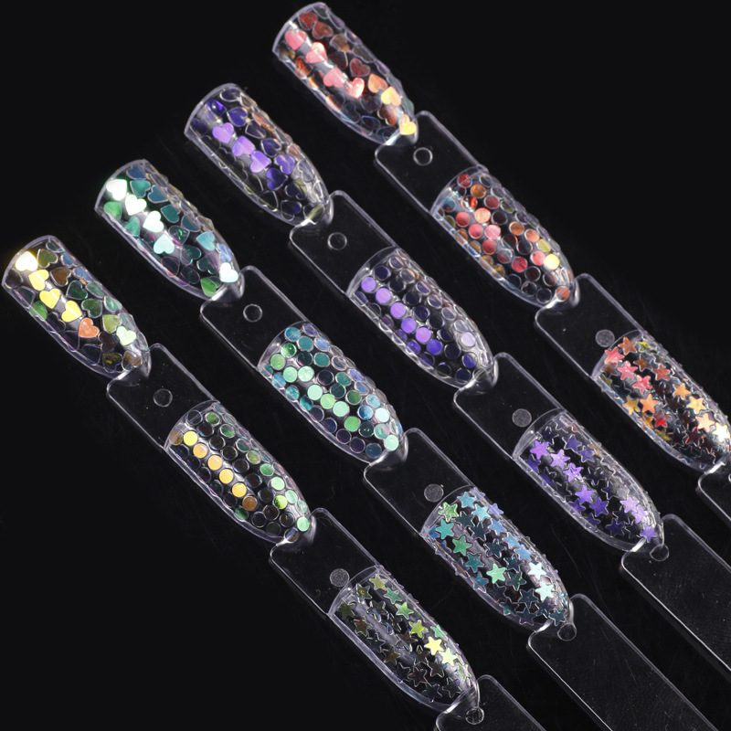 Joyería de uñas melocotón corazón redondo estrella de cinco puntas lentejuelas uñas de bricolaje textura láser brillo gradiente fototerapia de uñas