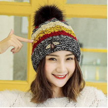 韩国新款秋冬毛线帽女士小蜜蜂拼色针织帽子加绒加厚毛球护耳冬帽