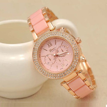 外贸热卖geneva日内瓦女士三眼间彩钢带女款 仿陶瓷镶钻手表211