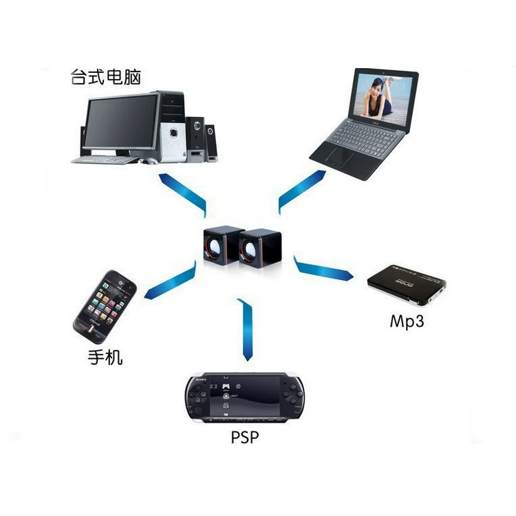 Laptop, speakers, small megaphone, 02A