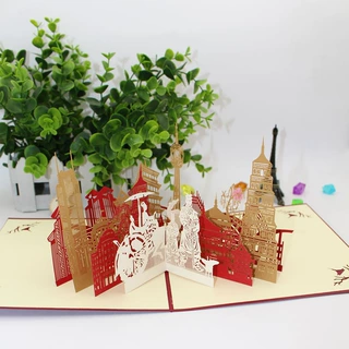 创意3D立体贺卡城市剪影剪纸折纸摆件传统手工拼装制作商务摆件