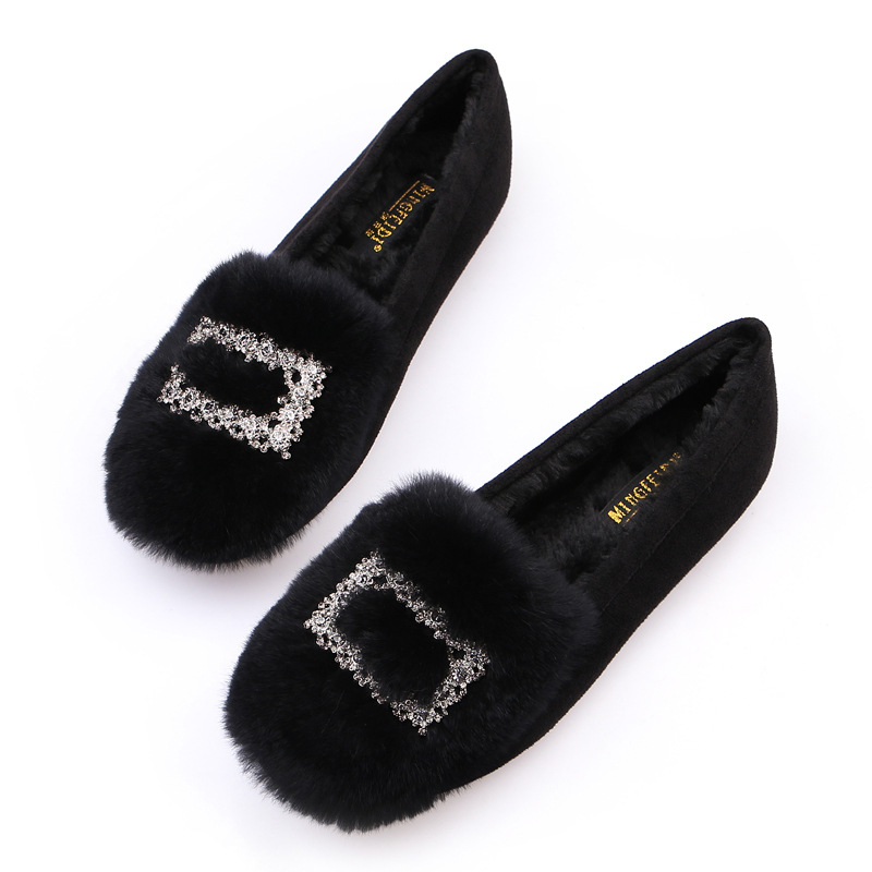Zapatos de felpa para mujer 2023 Otoño e Invierno Nuevo estilo coreano versátil zapatos de piel de conejo real forrados de lana TOS zapatos acolchados de algodón social para mujer bombas