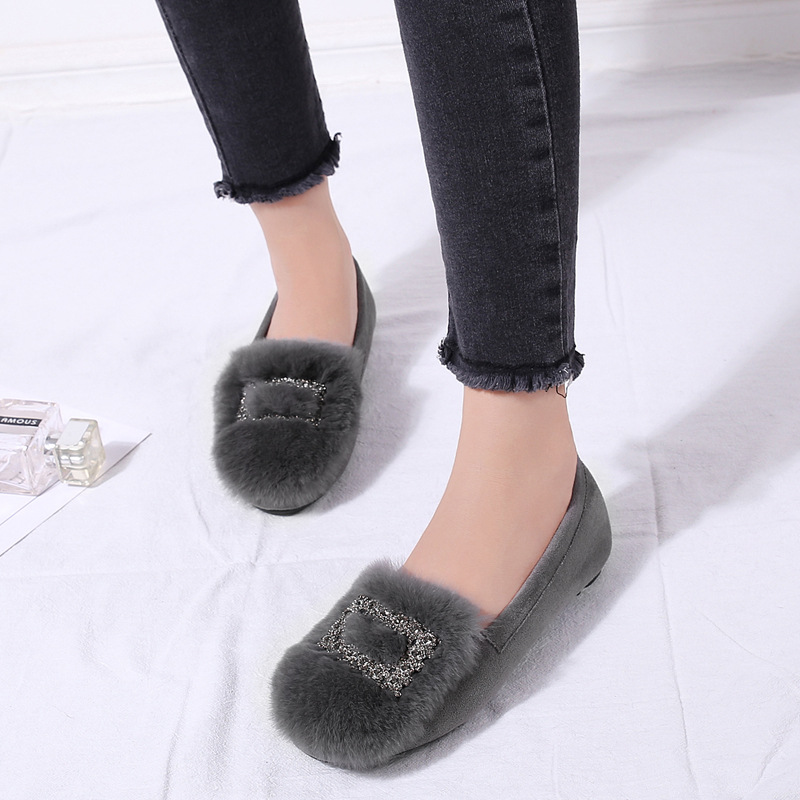 Zapatos de felpa para mujer 2023 Otoño e Invierno Nuevo estilo coreano versátil zapatos de piel de conejo real forrados de lana TOS zapatos acolchados de algodón social para mujer bombas