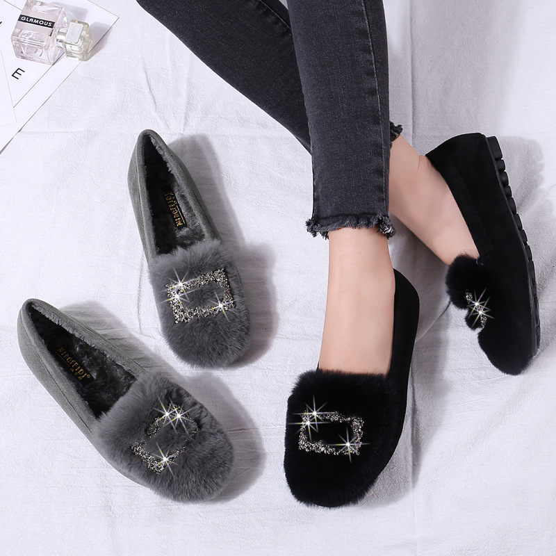 Zapatos de felpa para mujer 2023 Otoño e Invierno Nuevo estilo coreano versátil zapatos de piel de conejo real forrados de lana TOS zapatos acolchados de algodón social para mujer bombas