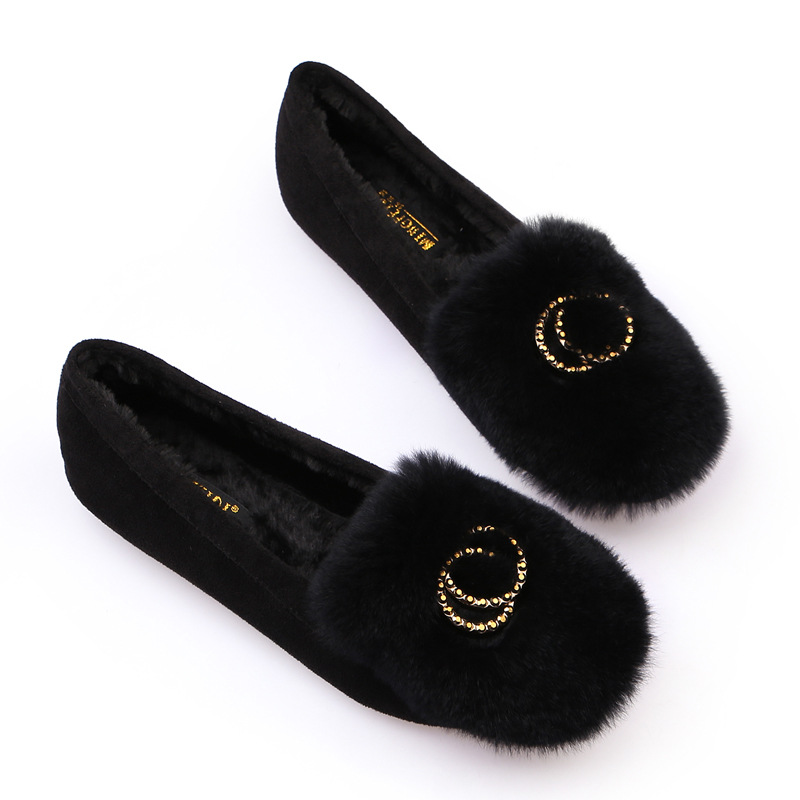 Zapatos de felpa de mujer 2023 Otoño e Invierno Nuevo estilo coreano versátiles zapatos de piel de conejo real zapatos planos forrados de lana zapatos de guisantes de diamantes de imitación image 8